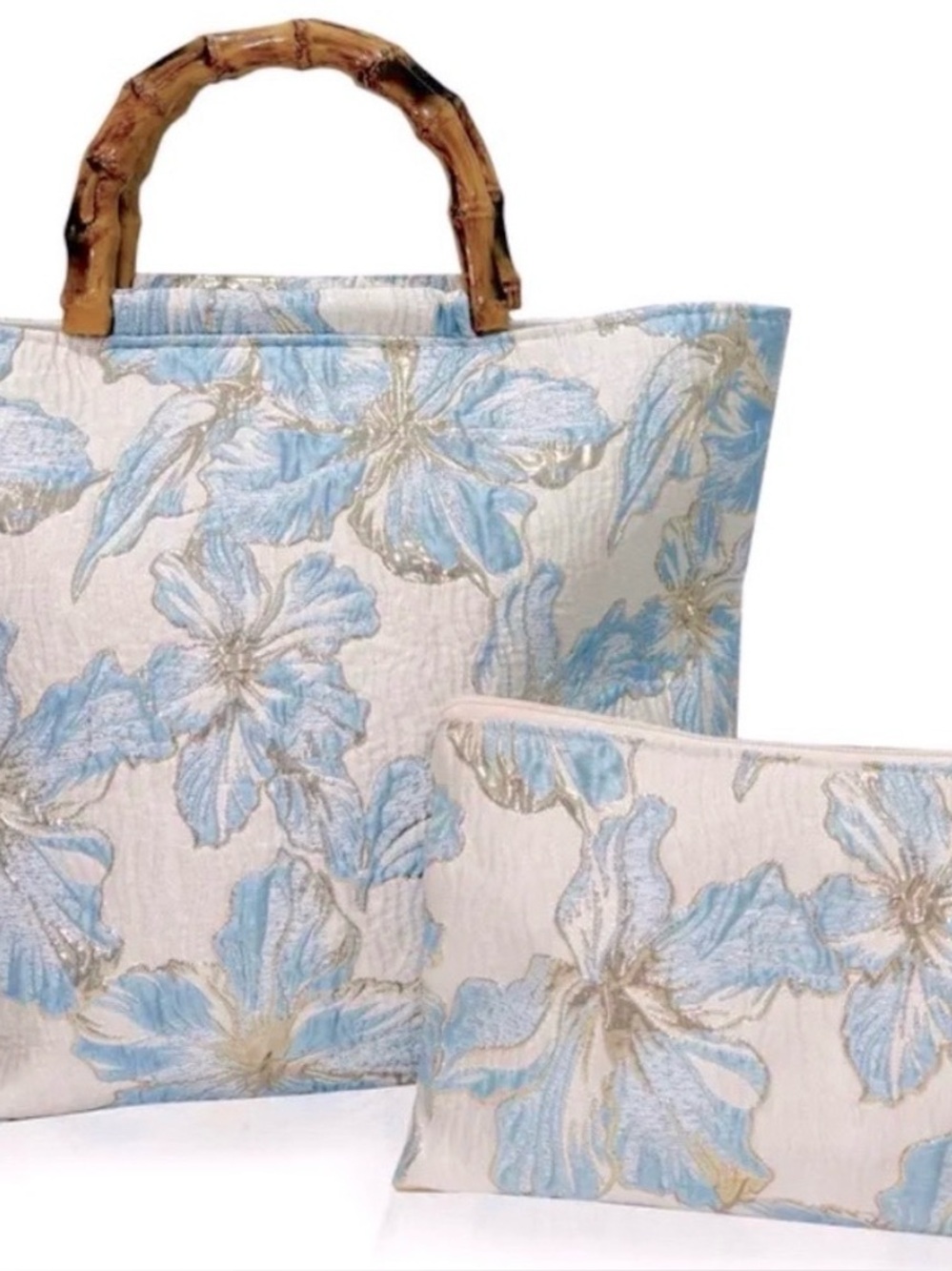 Floral Blue and Eggshell White Tote Bag with Cosmetic Pouch